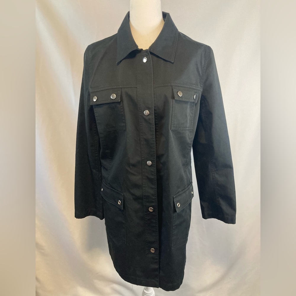 Old Navy Rain Coat Jacket Black Snap Closure Pockets Mid Length Size XL